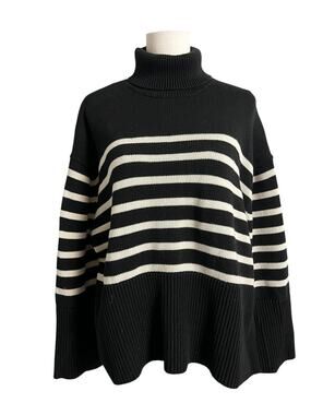 Gap Pullover Sweater Womens M Tall Black Stripe Turtleneck Knit Oversized Top